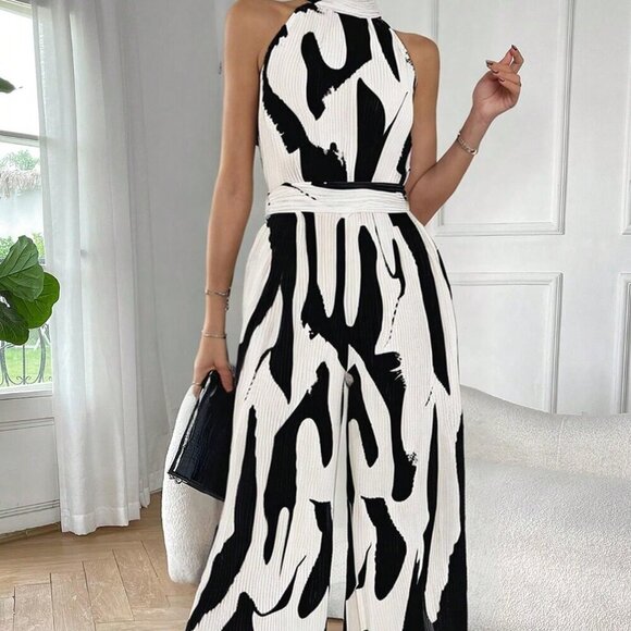 Pants - Black and White Casual Women's Elegant Commuting Loose Long Jumpsuit